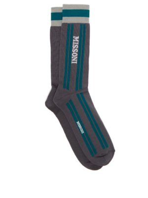 Missoni - Intarsia Stripe And Logo Cotton Socks - Mens - Grey Multi