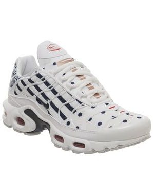 Nike Air Max Plus WHITE MIDNIGHT NAVY METALLIC RED BRONZE WWC,White, Blue and Red