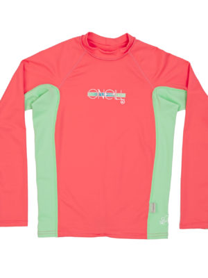 O'Neill Skins Long sleeve Crew Girls Rash Vest - Coral/ Mint/ Coral