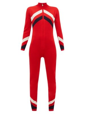 Perfect Moment - Chevron-striped Merino Wool-knitted Jumpsuit - Womens - Red