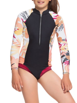 Roxy 1mm POP Surf Long Sleeve Front Zip Bikini Cut Shorty Girls Wetsuit - Black/terra Cotta